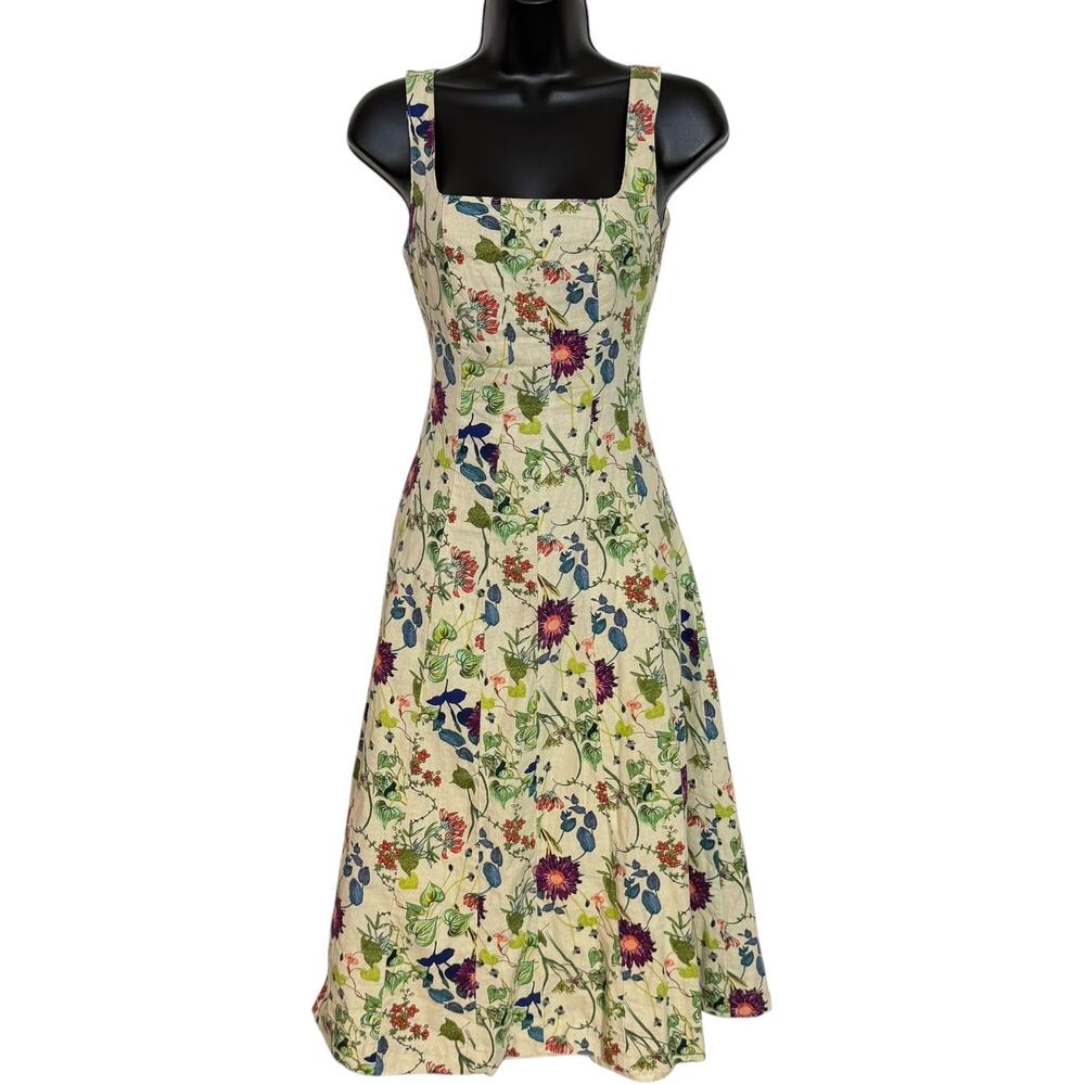 Christian Lacroix Floral Linen Blend Square Neck Midi A-Line Dress XS Boho